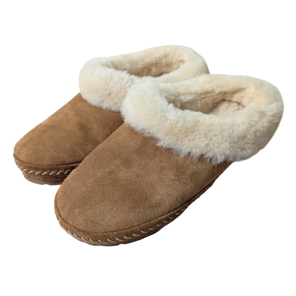 LL Bean Wicked Good Slipper Scuffs Tan Suede Shearling 507202 Womens 9 Medium